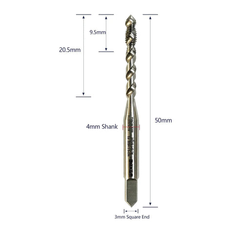 M3 x 0.5 Spiral Point Threading Tap for Pro Grade Metric Threading in Metalworking, HSS Co With AlTiN Coating, Round Shank With Square End, High Speed Steel Cobalt, H2 Tolerance, 1 Pc; 4mm shank, 50mm long