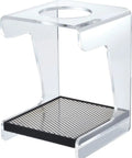 Clear Acrylic V60 Coffee Dripper Stand with Built In Drip Catcher Tray and Sturdy Pour Over Support Rack for Home Barista Brew Setup.