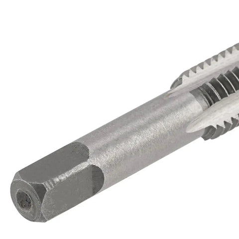 Close-up of M8 X 1.25 Metric Hand Tap showing square shank and threading, alloy steel for metal repair, right-hand threading