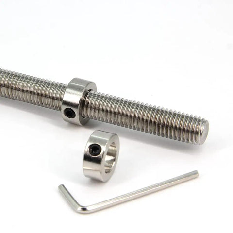 12mm Shaft Collar Lock Ring Set for Lead Screws, Nickel Plated Carbon Steel, 12 pack, shown with Allen key and T12 lead screw