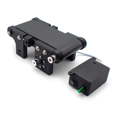 Dope Desktop Conveyor Belt Kit For STEM Education And DIY Projects with black aluminum and 3D-printed parts, side view.