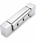 Beefy Industrial Zinc Alloy Freezer Door Hinge Rock Solid Concealed Cover For Walk In Coolers Built Damn Tough For Kitchen Gear And Commercial Fridges, silver hinge with rectangular ends.