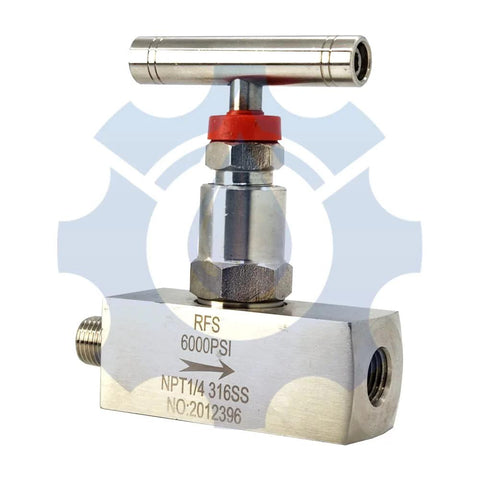 RFS needle valve, 316 stainless steel, two-port, 1/4 in NPT, 6000 psi, T-handle