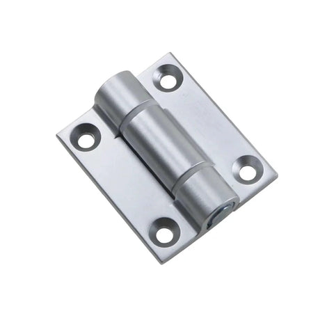 Positionable torque-damping hinge plate, matte metal finish, four screw holes for cabinet or door mounting