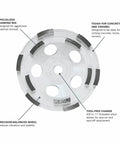 5 Inch Diamond Cup Grinding Wheel For Concrete With Double Row Segments, Optimized Bond For Longer Life, front view with labels