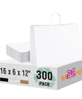 White Kraft Paper Gift Bags Bulk 300 Pack With Handles 16x6x12 Reusable Eco Friendly Recyclable For Biz Grocery Birthday Wedding Kids Party Favors Today, displayed on packaging box with product dimensions and brand logo visible.