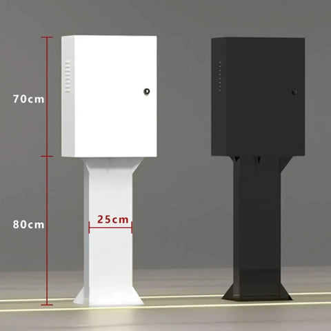 Heavy Duty EV Charger Cover Wall Mounted Rainproof Galvanized Steel Shield Hella Tough For Indoors Outdoors Plug N Play Ready With Complete Mount Kit, shown in white and black, detailed dimensions.