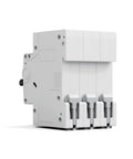 Side view of a 63 Amp 3 Pole DIN Rail Mounted Miniature Circuit Breaker for 120/240V systems with thermal magnetic AC disconnect switch.