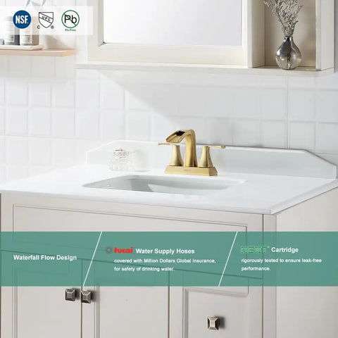 Waterfall Spout Two Handle Bathroom Faucet With Oil Rubbed Bronze Finish Includes Metal Pop Up Drain And Faucet Supply Lines 4 Inch Centerset For Three Hole Sinks No Fuss Durable Tarnish Scratch And Corrosion Resistant Doris 14069 on a white vanity top with text overlay of features