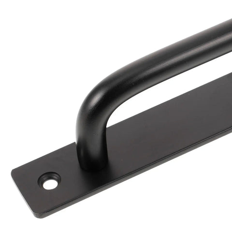 Close-up of black aluminum sliding barn door pull handles set, 128mm hole spacing, showing sleek industrial design