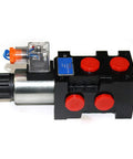 Front-view hydraulic solenoid selector valve, 12V DC, 3-plug, 13 gpm max flow; black body with red port caps and blue label.