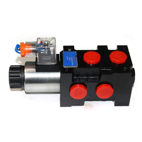 Front-view hydraulic solenoid selector valve, 12V DC, 3-plug, 13 gpm max flow; black body with red port caps and blue label.