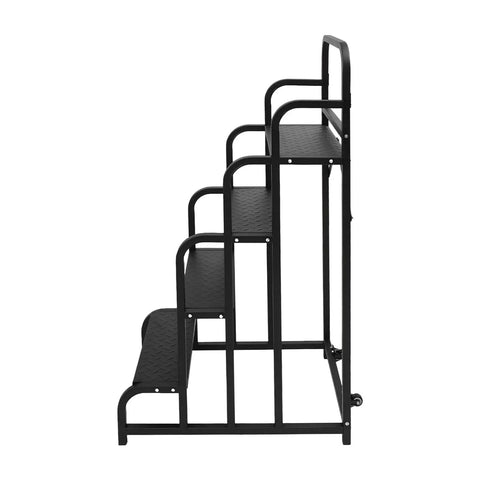 Score This Rock Solid 4 Step Black Rolling Warehouse Ladder With Non Slip Tread Pedals Rugged Carbon Steel Handrails And Smooth Glide Wheels For Effortless Supermarket Restocking Or Library Organizing Tasks