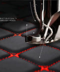 Close-up of stitching process on heavy duty custom trunk mat for Tesla Cybertruck 2024 model with premium PU leather.