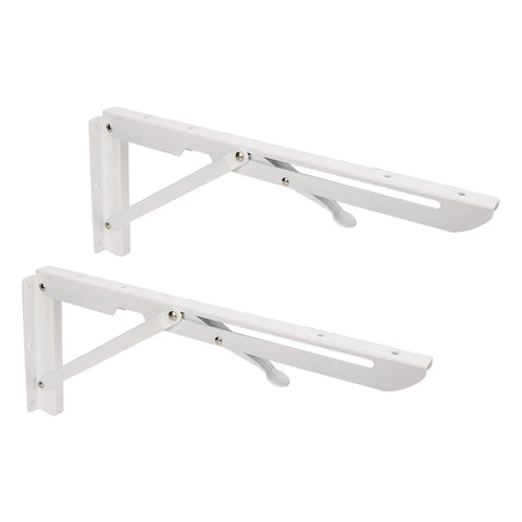 Heavy Duty Collapsible Shelf Brackets 2-Pack, Steel Wall Mount, 90kg Load Capacity, side view of white brackets