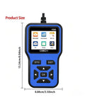 No Nonsense OBD2 Diagnostic Scanner And Code Reader For Electric Cars showing blue handheld scanner, dimensions 15.34cm x 8.88cm.