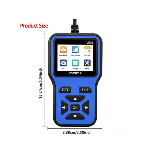 No Nonsense OBD2 Diagnostic Scanner And Code Reader For Electric Cars showing blue handheld scanner, dimensions 15.34cm x 8.88cm.