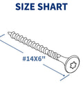 50 Pack Quarter X Six Inch Heavy Duty Lag Screws For Exterior Wood Construction Black Coated Rust Resistant Structural Fasteners size chart showcasing 1/4x6 inch lag screw.