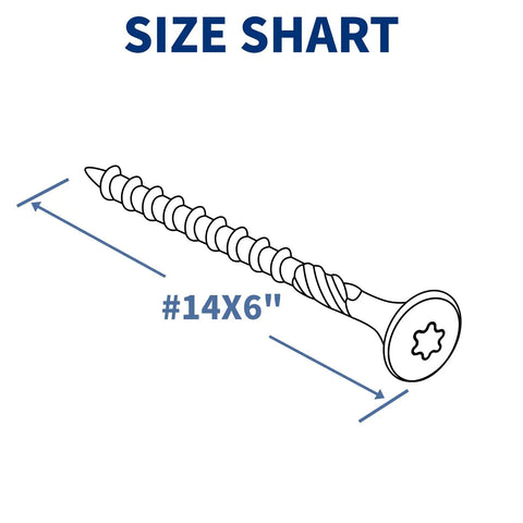 50 Pack Quarter X Six Inch Heavy Duty Lag Screws For Exterior Wood Construction Black Coated Rust Resistant Structural Fasteners size chart showcasing 1/4x6 inch lag screw.