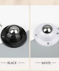 Black and white adhesive caster wheels for furniture and storage, featuring stainless steel ball bearings and ABS construction.