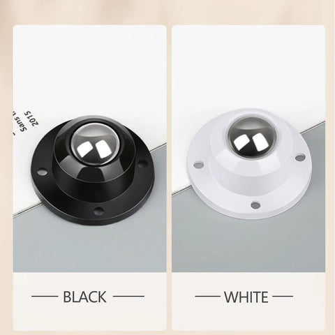 Black and white adhesive caster wheels for furniture and storage, featuring stainless steel ball bearings and ABS construction.