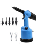 Heavy Duty Pneumatic Rivet Nut Gun Badass Air Tool For Fastening Bolts Includes M3 Through M12 Threads Quick Action showing in blue with accessories.