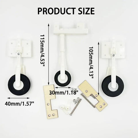 Durable Nylon Landing Gear Replacement Set For RC Airplanes And Helicopters, Front Wheel 30mm Diameter And Rear Wheel 40mm Diagram