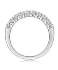 Top Shelf Moissanite Grid Pattern Engagement Ring Platinum Plated 925 Sterling Silver showcasing round cut stones from the side.