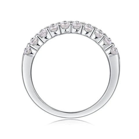Top Shelf Moissanite Grid Pattern Engagement Ring Platinum Plated 925 Sterling Silver showcasing round cut stones from the side.
