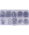 Go-To External Circlip Retaining Ring Set 100 Pieces, stainless steel rings in divided case, 8mm to 18mm range