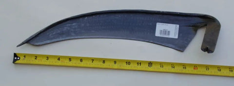 Hand Forged In Austria Scythe Blade For Harvesting Grains And Weeds, Curved Edge Keeps Cutting Edge Off Ground, 18 Inch Length With Austrian Steel, Ditch Brush Blade, Two Sweep Options 50 And 55, Sharp, Ready To Use displayed next to measuring tape