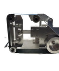 Badass 750W Brushless Belt Grinder And Polishing Workhorse With Ironclad Precision Steel Chassis and smooth rotating frame from side view.