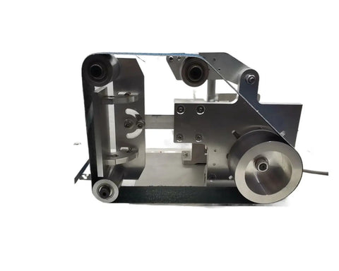 Badass 750W Brushless Belt Grinder And Polishing Workhorse With Ironclad Precision Steel Chassis and smooth rotating frame from side view.