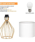 Gold Modern Farmhouse Table Lamps Set Of 2 With Hollowed Out Base And White Fabric Shade, lamp parts with bulb, base, shade displayed