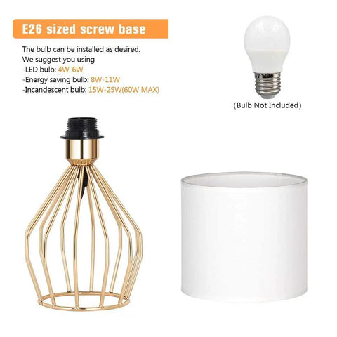 Gold Modern Farmhouse Table Lamps Set Of 2 With Hollowed Out Base And White Fabric Shade, lamp parts with bulb, base, shade displayed