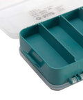 Close-up of a green Double-Side Hardware Box Storage Organizer With 13 Compartments, showcasing the rugged plastic build and transparent lid.