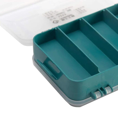 Close-up of a green Double-Side Hardware Box Storage Organizer With 13 Compartments, showcasing the rugged plastic build and transparent lid.