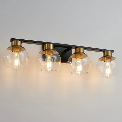 Black Gold 4 Light Vanity Light Fixture Over Mirror With Globe Glass Shades E26 Base Mid Century Modern Wall Sconce