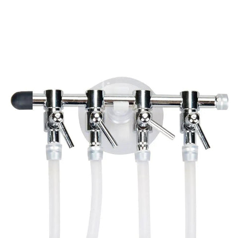 Top Shelf 4 Way Aquarium Air Pump Splitter Kit Featuring Heavy Duty Flow Dividers And Anti Backflow Valves with chrome finish and clear tubing.