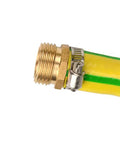 Close-up of a Two Pack Brass 3/4 Inch Male Thread Garden Hose Connector with Stainless Clamp attached to a yellow garden hose