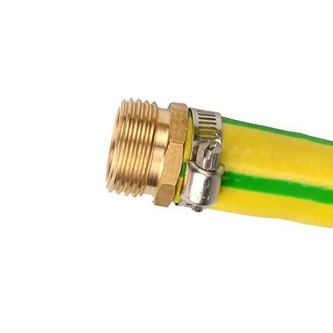 Close-up of a Two Pack Brass 3/4 Inch Male Thread Garden Hose Connector with Stainless Clamp attached to a yellow garden hose