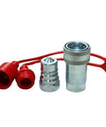 Hydraulic quick-connect couplers set, 3/4 in NPT, Pioneer style, metal bodies with red dust caps