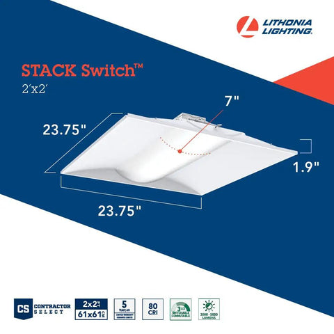 Boss 2x2 LED Troffer Light With Stack Switch Drop In Ceiling Fixture dimensions and features illustrated.