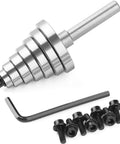 Rabbet router bit bearing set with silver stepped bearings, hex wrench, and screws in angled view