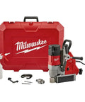 Heavy Duty Magnetic Drill Press Kit With 13 Amp Motor And 750 Lb Permanent Magnet Pull Force For Thick Steel Fabrication and Pro Jobsites in a red carry case with accessories.