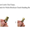 Two antique-brass twist purse turn-lock clasps with washers, 1.1-inch metal hardware for wallets/handbags; front and side views.