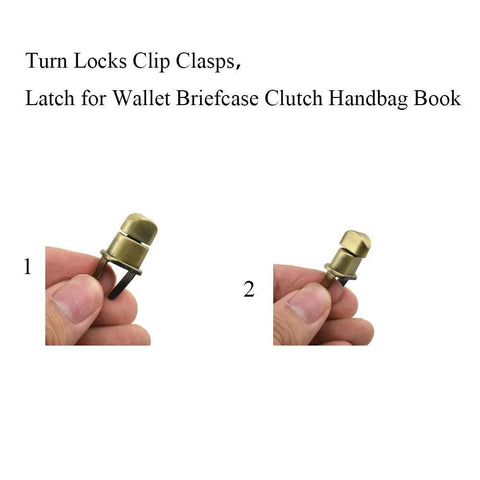 Two antique-brass twist purse turn-lock clasps with washers, 1.1-inch metal hardware for wallets/handbags; front and side views.