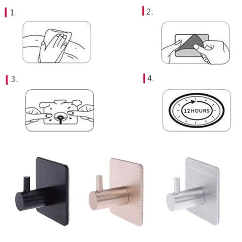 Heavy Duty Aluminum Alloy Wall Hooks With Peel And Stick Adhesive For Zero Drill Hassle, shown in black, silver, and gold finishes.