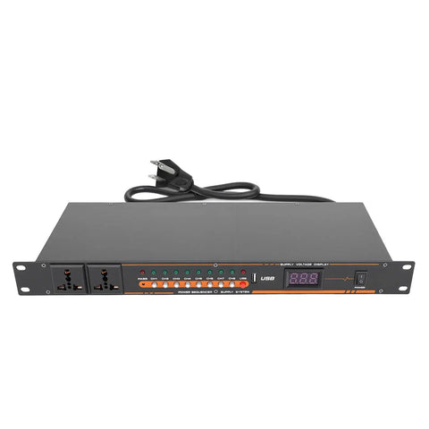Rock Solid 10 Outlet Power Sequencer With Digital Display And Surge Guard For Home Studio Gear US Plug viewed from the front with outlets and display.