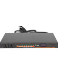 Ten Outlet Power Sequencer Conditioner With USB Charging Port, black metal unit with voltage display and multiple AC inputs.